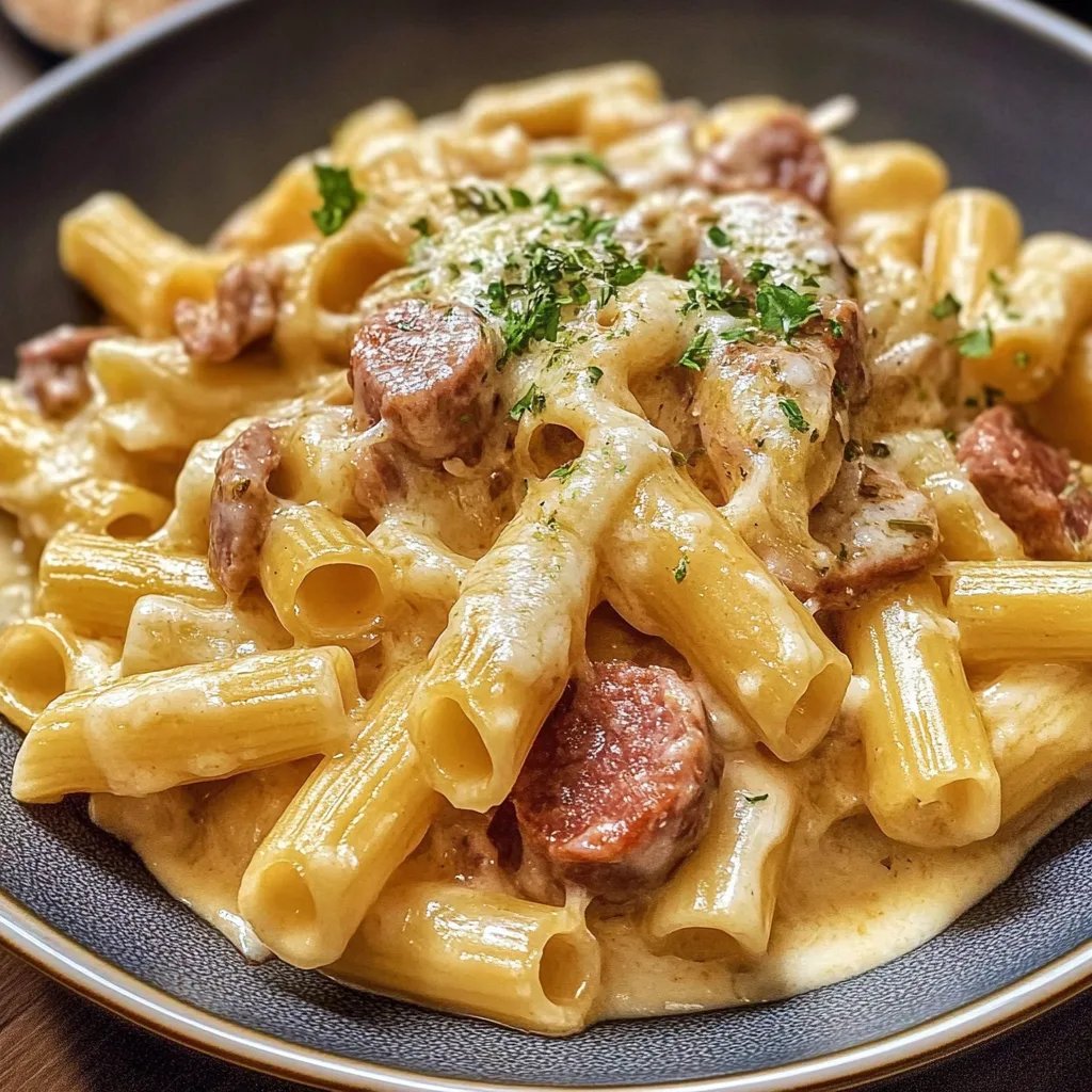 Wurst-Nudel-Pfanne mit Käse