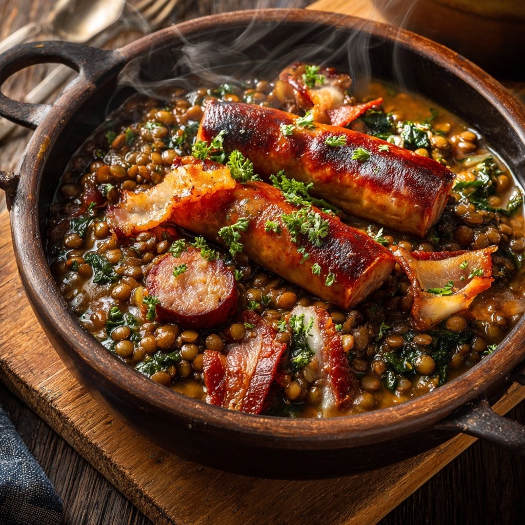 Erzgebirgischer Linsentopf mit Bratwürsten und Speck