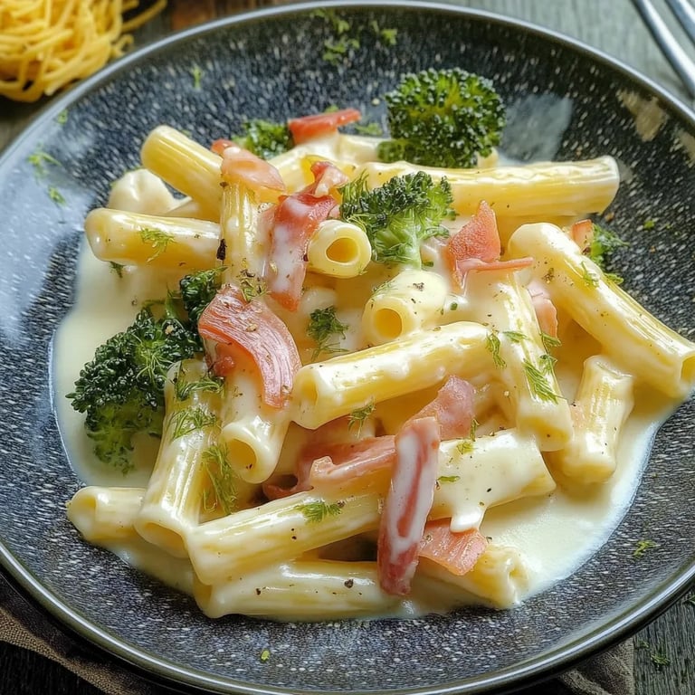 Nudeln in Käse-Sahne-Sauce mit Brokkoli und Schinken
